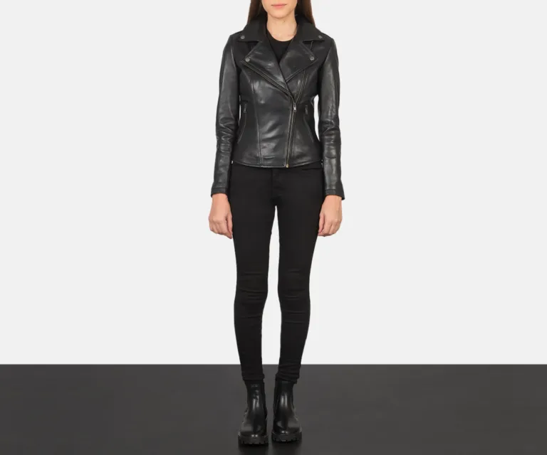 Flashback Black Leather Biker Jacket Luxury Women's Biker Jacket — Asymmetrical Zipper & Lapel Architecture