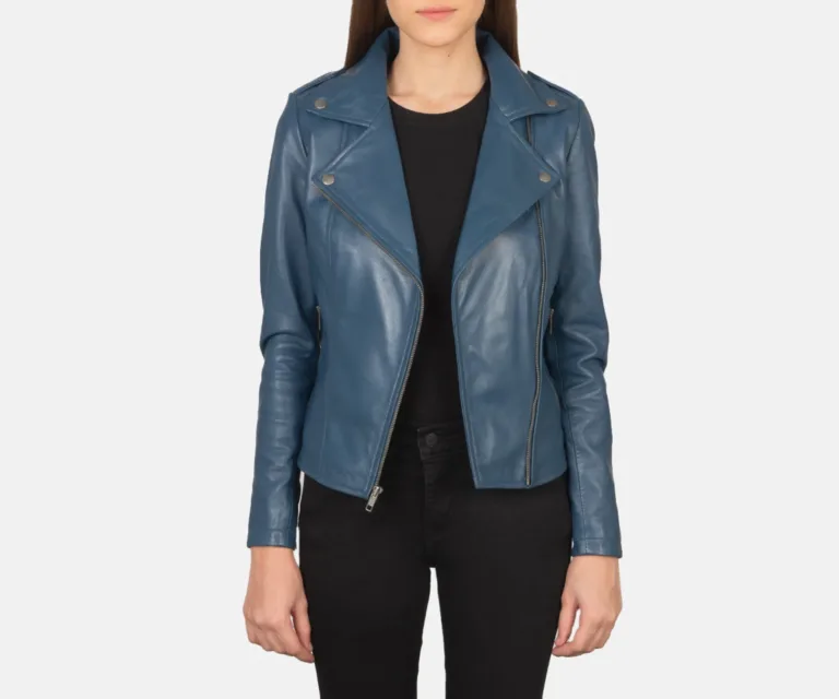 Flashback Blue Leather Biker Jacket Luxury Women's Biker Jacket — Three-Quarter Editorial Perspective