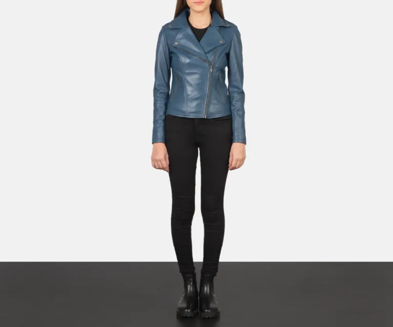 Flashback Blue Leather Biker Jacket Luxury Women's Biker Jacket — Asymmetrical Zipper & Lapel Architecture