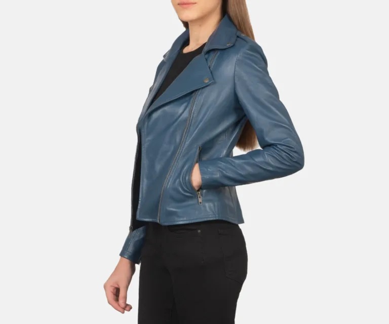 Flashback Blue Leather Biker Jacket Luxury Women's Biker Jacket — Rear Profile & Tailored Seaming