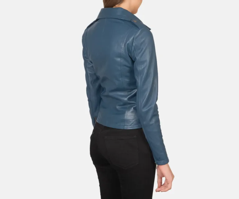 Flashback Blue Leather Biker Jacket Luxury Women's Biker Jacket — Macro Hardware & Leather Grain