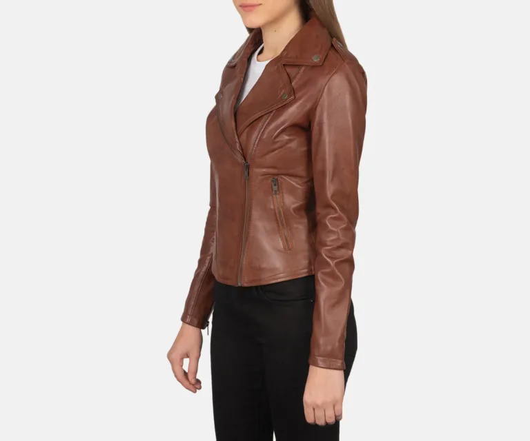 Flashback Brown Leather Biker Jacket Luxury Women's Biker Jacket — Three-Quarter Editorial Perspective