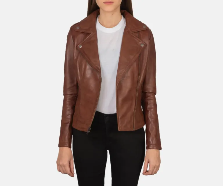 Flashback Brown Leather Biker Jacket Luxury Women's Biker Jacket — Asymmetrical Zipper & Lapel Architecture