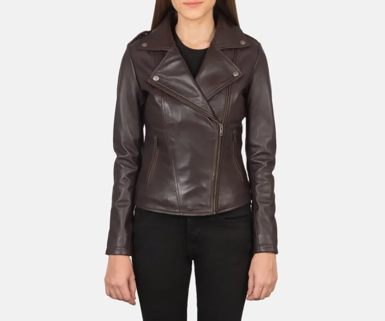 Flashback Maroon Leather Biker Jacket Luxury Women's Biker Jacket — Front Silhouette Hero Presentation