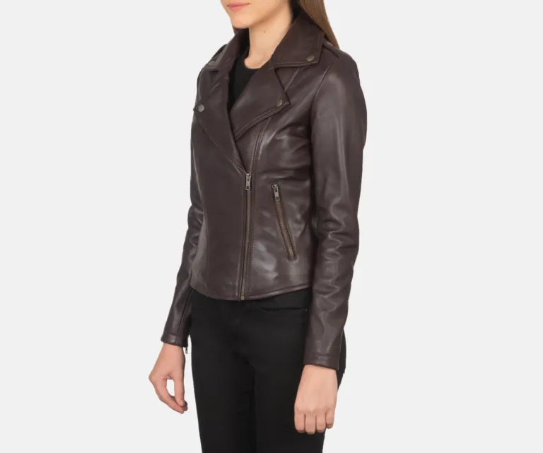 Flashback Maroon Leather Biker Jacket Luxury Women's Biker Jacket — Three-Quarter Editorial Perspective