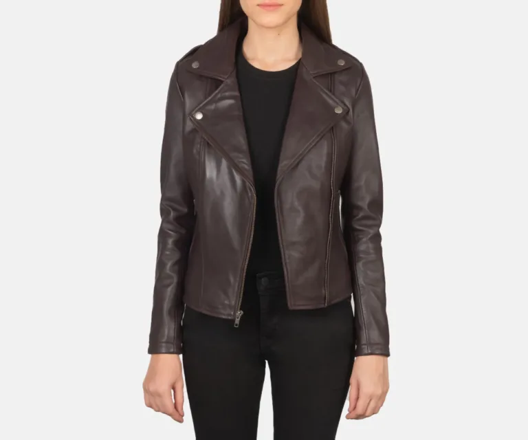 Flashback Maroon Leather Biker Jacket Luxury Women's Biker Jacket — Asymmetrical Zipper & Lapel Architecture