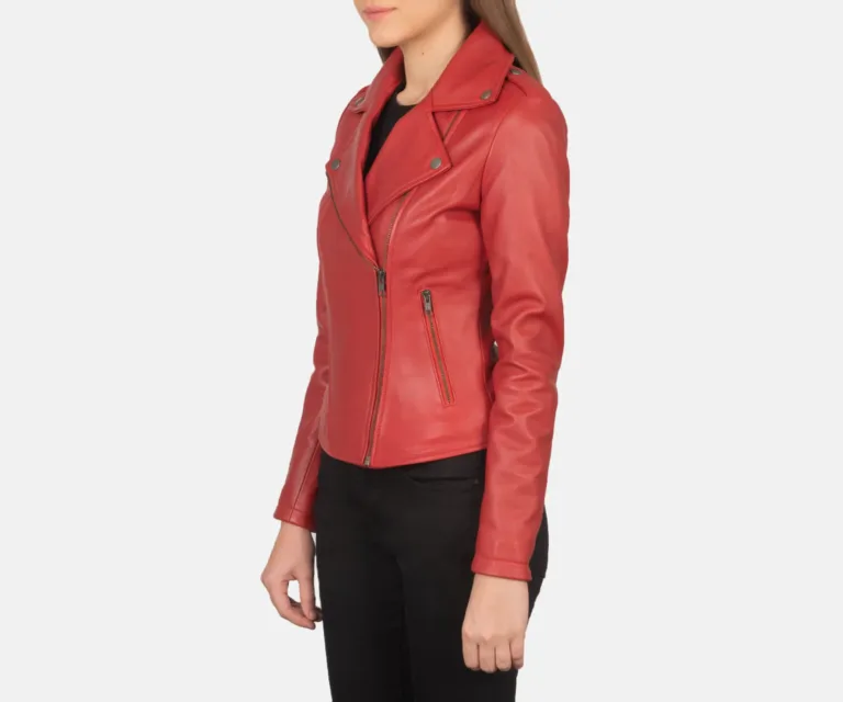 Flashback Red Leather Biker Jacket Luxury Women's Biker Jacket — Three-Quarter Editorial Perspective