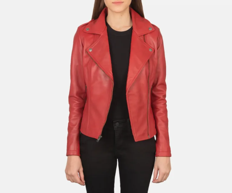Flashback Red Leather Biker Jacket Luxury Women's Biker Jacket — Asymmetrical Zipper & Lapel Architecture