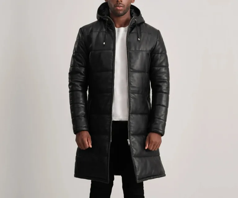 Floyd Black Hooded Leather Puffer Coat — Front Open Hero Presentation