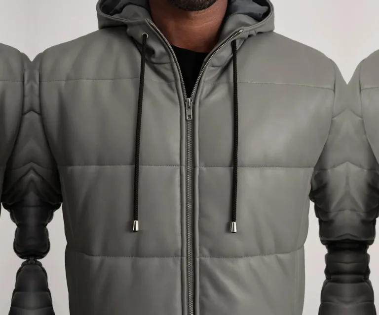 Floyd Grey Hooded Leather Puffer Coat — Front Open Hero Presentation