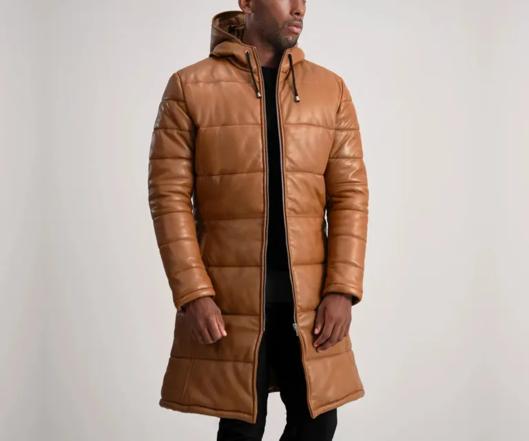 Floyd Tan Hooded Leather Puffer Coat — Front Open Hero Presentation