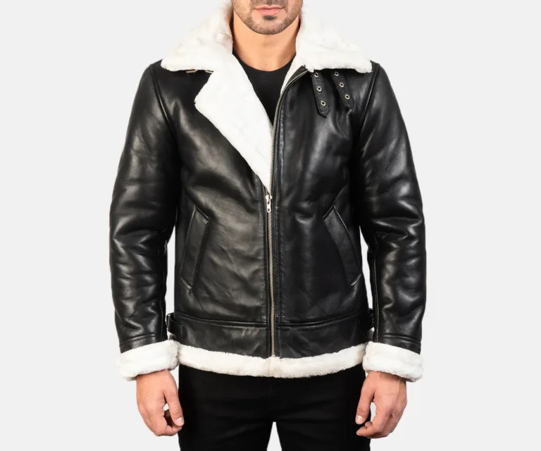 Francis B-3 Black & White Leather Bomber Jacket — Front Open Hero Presentation