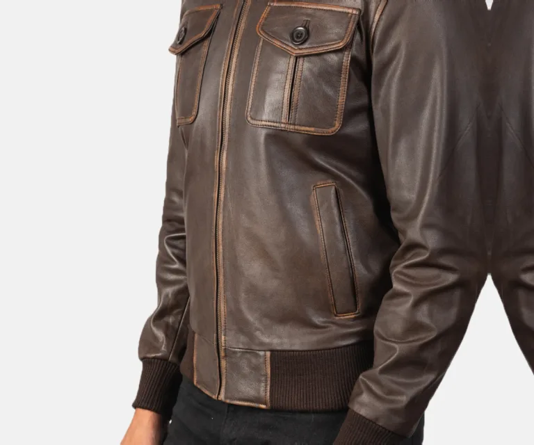 [FS] Aaron Brown Leather Bomber Jacket — Macro Detail Grain, Stitching & Hardware