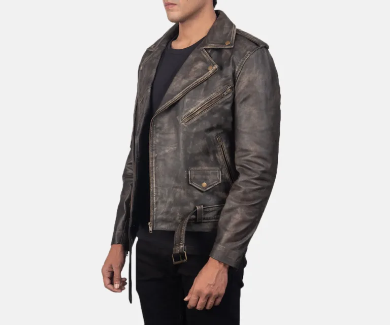 [FS] Allaric Alley Distressed Brown Leather Biker Jacket — Quarter Angle Profile Detail