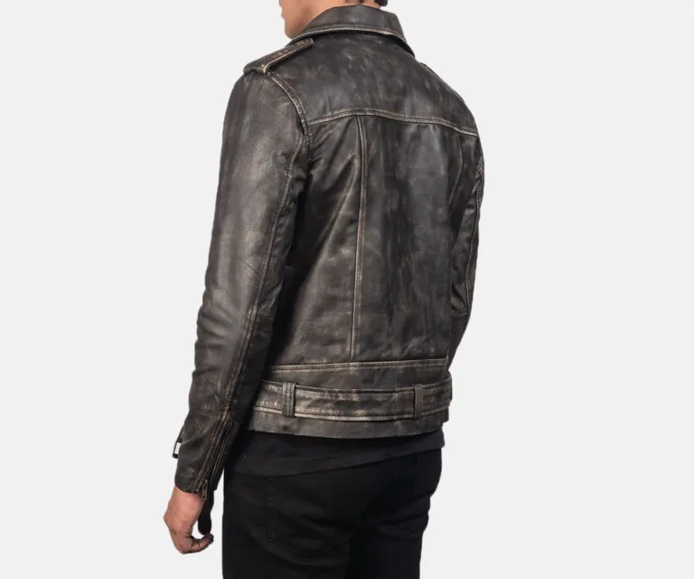 [FS] Allaric Alley Distressed Brown Leather Biker Jacket — Macro Detail Grain, Stitching & Hardware