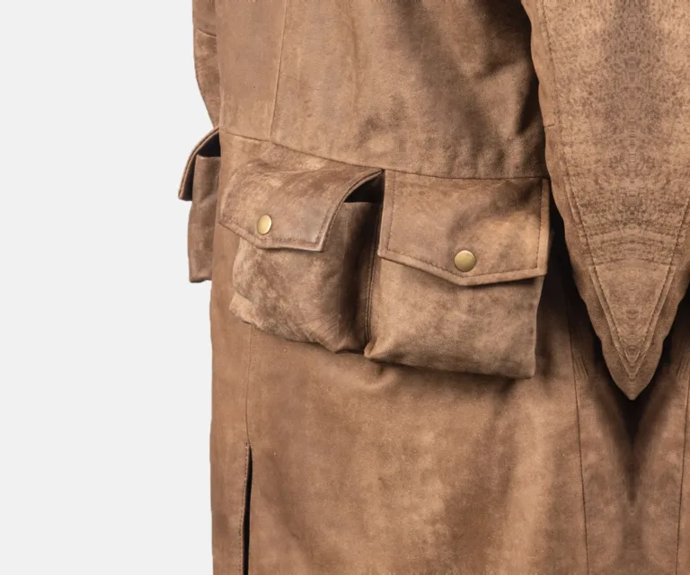 [FS] Army Brown Leather Duster — Macro Detail Grain, Stitching & Hardware