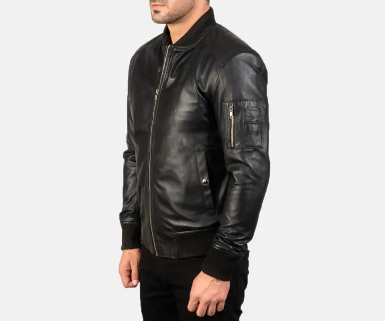 [FS] Bomia Ma-1 Black Leather Bomber Jacket — Quarter Angle Profile Detail