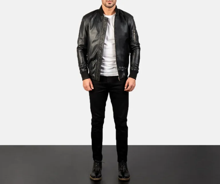 [FS] Bomia Ma-1 Black Leather Bomber Jacket — Front Architectural & Material Detail