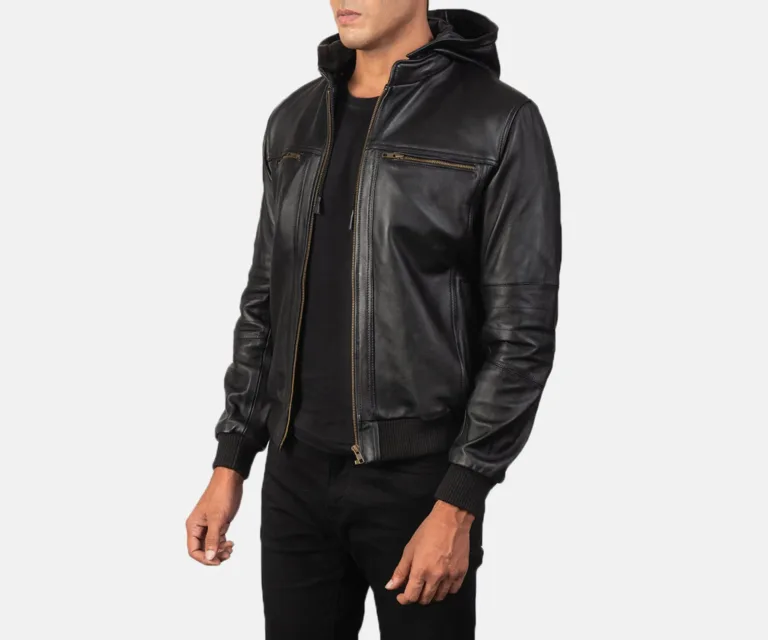 [FS] Bouncer Biz Black Leather Bomber Jacket — Quarter Angle Profile Detail