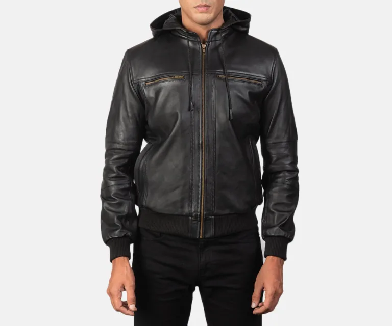 [FS] Bouncer Biz Black Leather Bomber Jacket — Front Architectural & Material Detail
