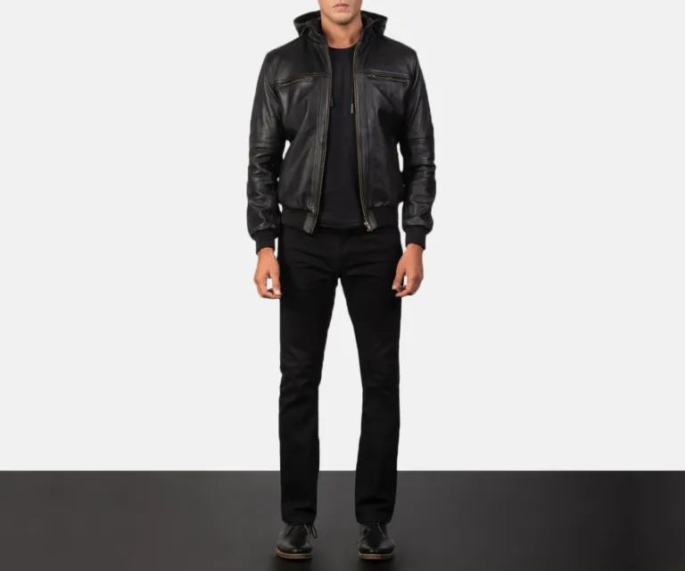 [FS] Bouncer Biz Black Leather Bomber Jacket — Rear Back View & Silhouette