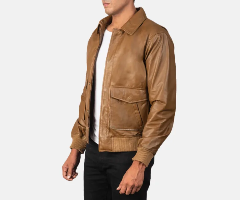 [FS] Coffmen Olive Brown A2 Leather Bomber Jacket — Quarter Angle Profile Detail