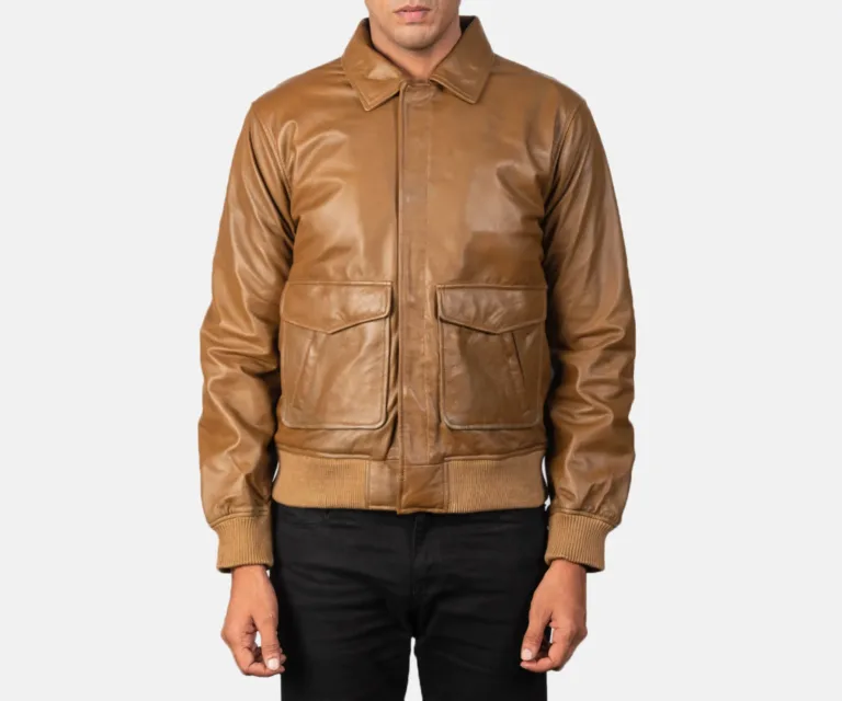 [FS] Coffmen Olive Brown A2 Leather Bomber Jacket — Front Architectural & Material Detail