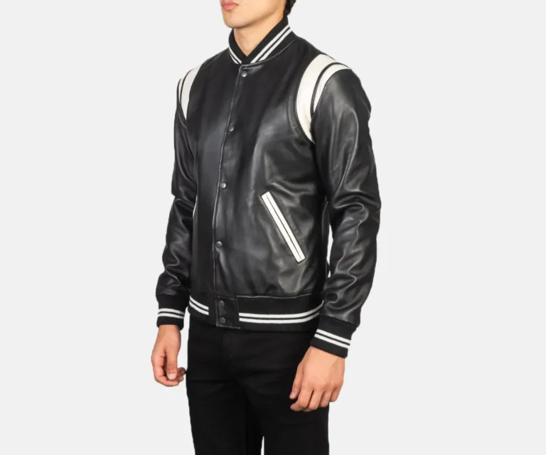 [FS] Dantee Black Leather Varsity Jacket — Quarter Angle Profile Detail