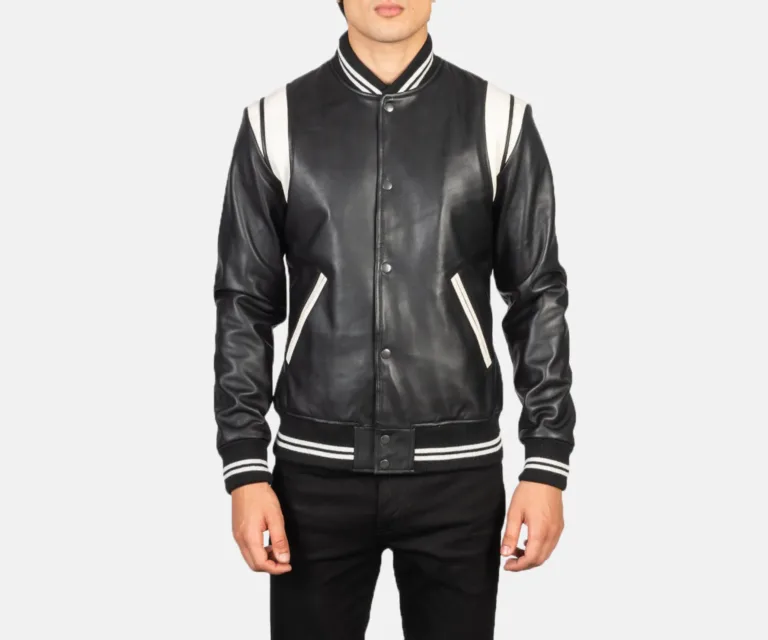 Dantee Black Leather Varsity Jacket (Special Edition) — Rear Back View & Striped Rib Hemline