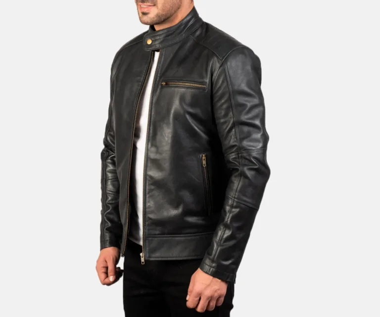 [FS] Dean Black Leather Biker Jacket — Quarter Angle Profile Detail