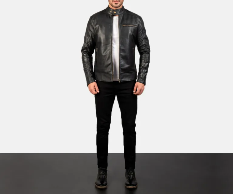 [FS] Dean Black Leather Biker Jacket — Front Architectural & Material Detail