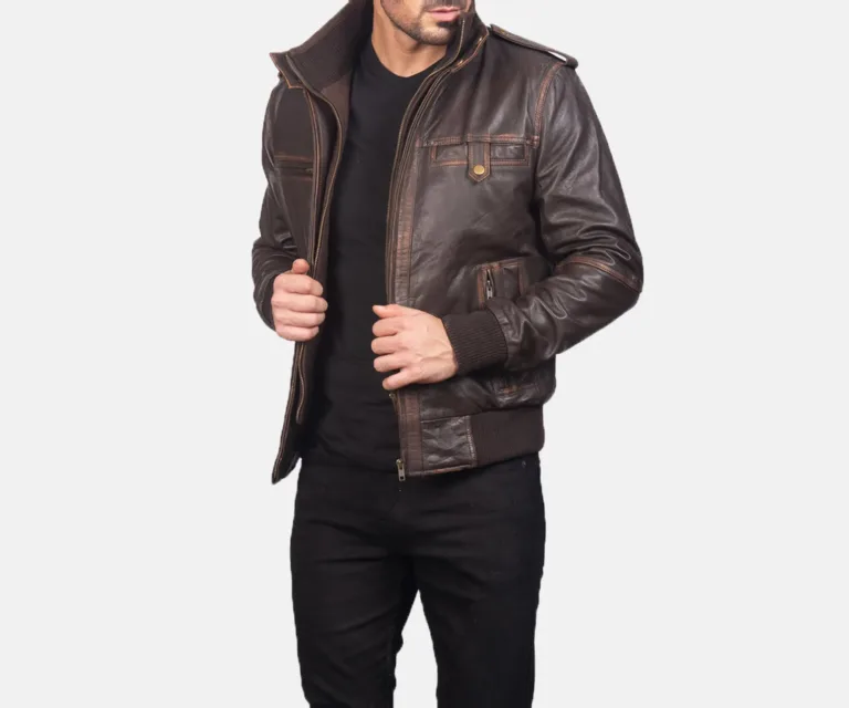 [FS] Glen Street Brown Leather Bomber Jacket — Quarter Angle Profile Detail