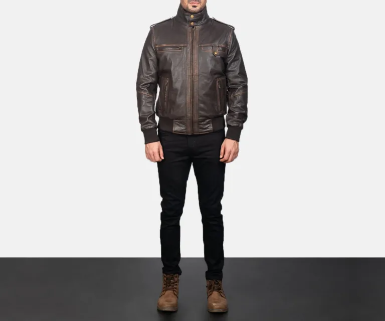 [FS] Glen Street Brown Leather Bomber Jacket — Front Architectural & Material Detail