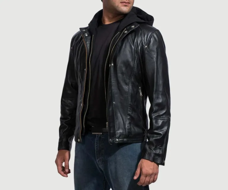 [FS] Highschool Black Hooded Leather Jacket — Quarter Angle Profile Detail