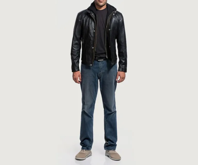 [FS] Highschool Black Hooded Leather Jacket — Front Architectural & Material Detail