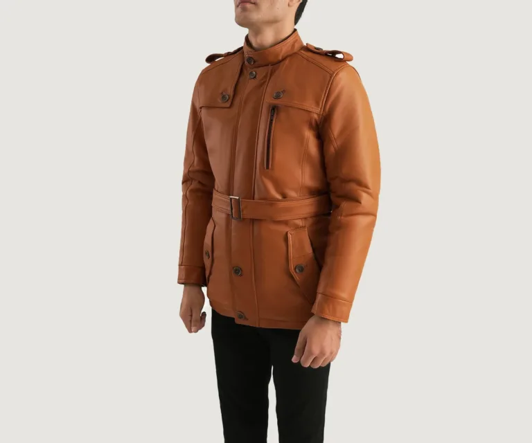 [FS] Hunter Tan Brown Fur Leather Jacket — Quarter Angle Profile Detail