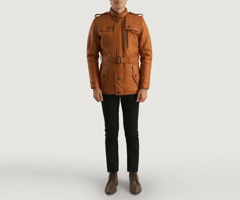[FS] Hunter Tan Brown Fur Leather Jacket — Front Architectural & Material Detail
