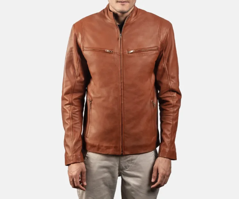 [FS] Ionic Brown Leather Biker Jacket — Front Architectural & Material Detail