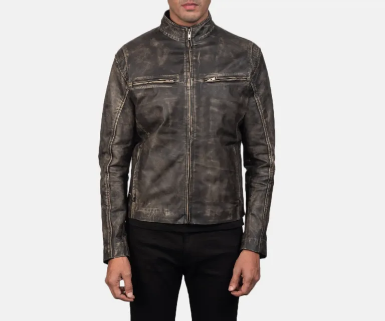[FS] Ionic Distressed Brown Leather Biker Jacket — Front Architectural & Material Detail
