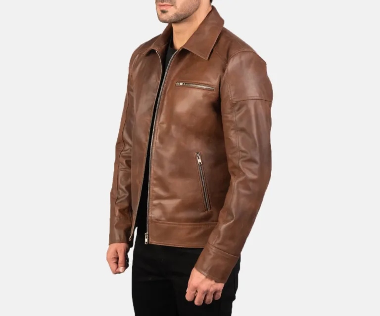 [FS] Lavendard Brown Leather Biker Jacket — Quarter Angle Profile Detail
