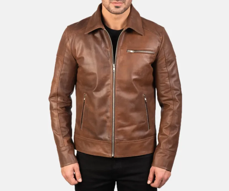 [FS] Lavendard Brown Leather Biker Jacket — Front Architectural & Material Detail