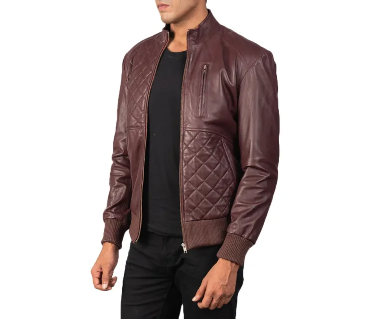 [FS] Moda Maroon Leather Bomber Jacket — Quarter Angle Profile Detail