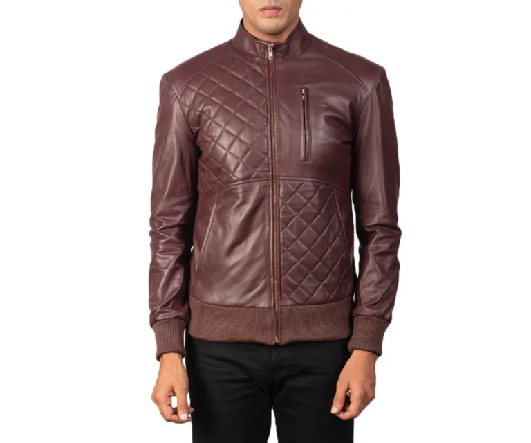 [FS] Moda Maroon Leather Bomber Jacket — Front Architectural & Material Detail