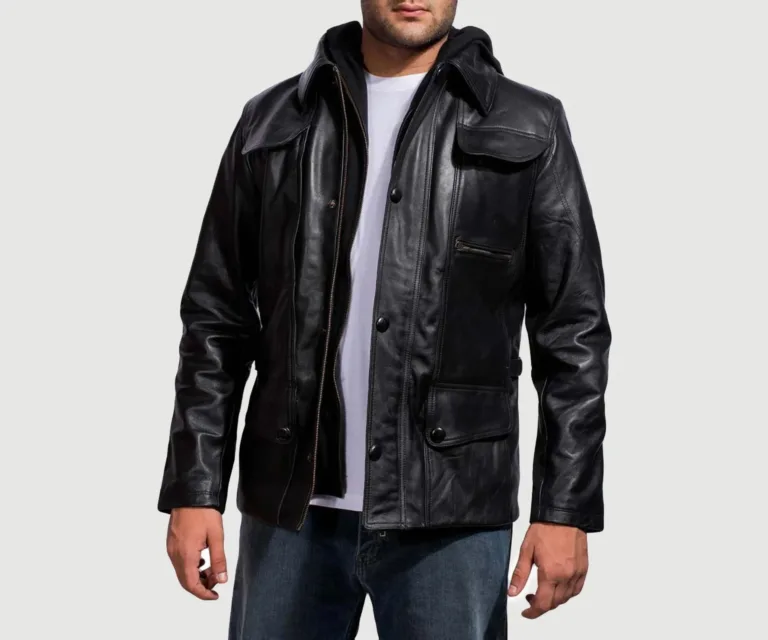 [FS] Moulder Hooded Black Leather Jacket — Quarter Angle Profile Detail