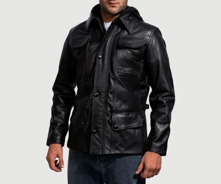 [FS] Moulder Hooded Black Leather Jacket — Macro Detail Grain, Stitching & Hardware