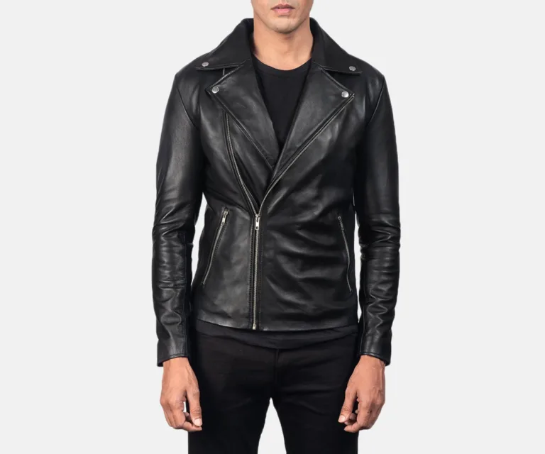 [FS] Noah Black Leather Biker Jacket — Front Architectural & Material Detail