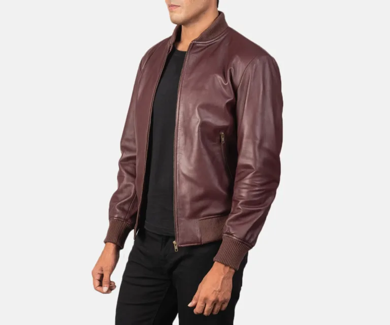 [FS] Shane Maroon Leather Bomber Jacket — Quarter Angle Profile Detail