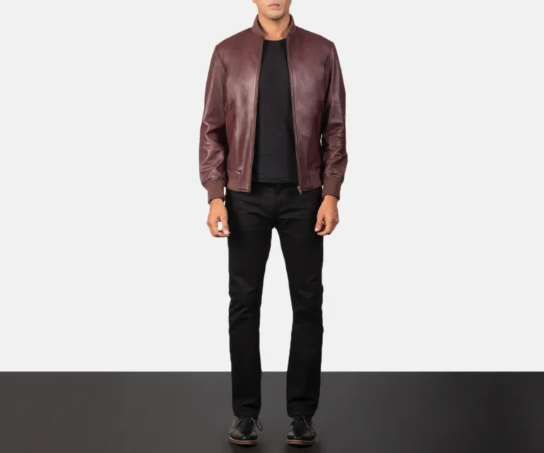 [FS] Shane Maroon Leather Bomber Jacket — Front Architectural & Material Detail