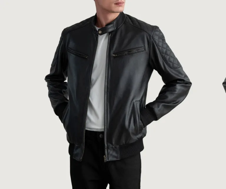 [FS] Sven Black Leather Bomber Jacket — Front Architectural & Material Detail