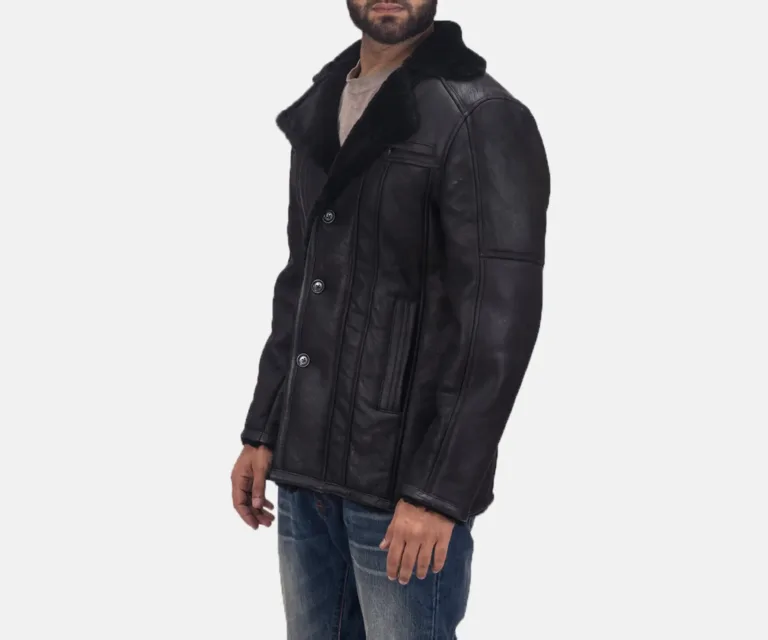 Furcliff Double Face Shearling Leather Coat — Quarter Angle Profile & Contoured Sleeve Detail